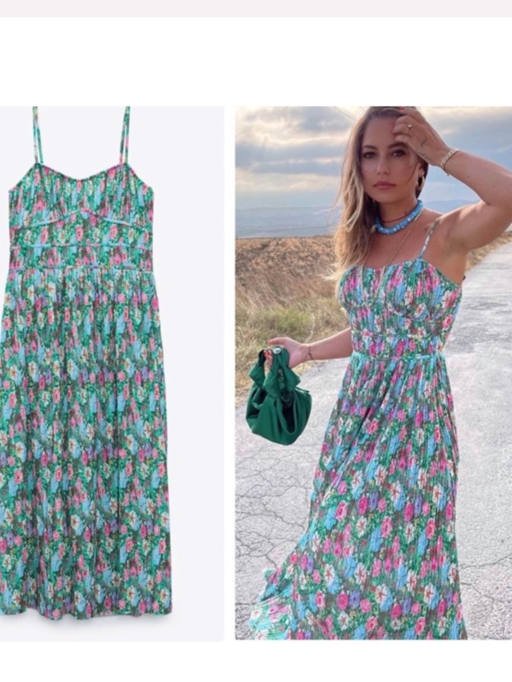 Zara Floral Printed Pleated Midi Dress